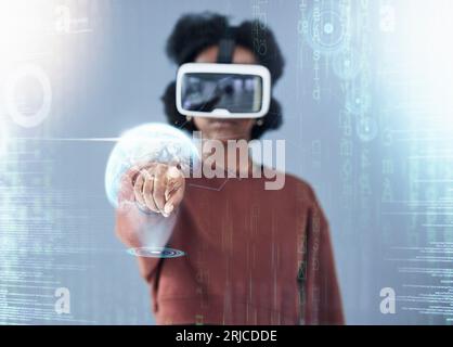 Black woman, VR and hand on hologram in global communication, interaction or UI and UX on overlay. African female person in virtual reality Stock Photo
