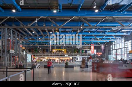 Interior view on ground floor. Centre Pompidou Paris in  2023, Paris, France. Architect: Richard Rogers, Renzo Piano , Gianfranco Franchini, 1977. Stock Photo