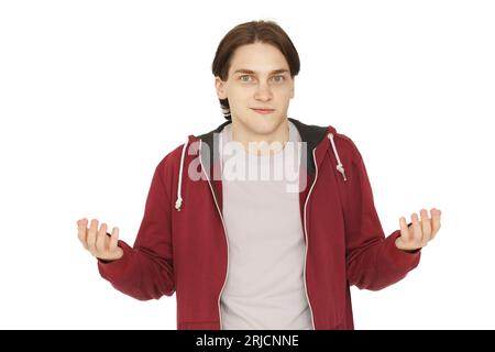 Surprised man in red hoody on white background Stock Photo