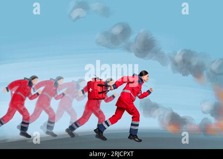 Collage image sketch artwork of young professional paramedics rescuers running help people save live isolated on painted background Stock Photo