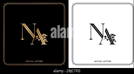 NA initial letter with gold and black white colors vintage floral ornament. classic floral monogram. elegant wedding for wedding invitation Stock Vector