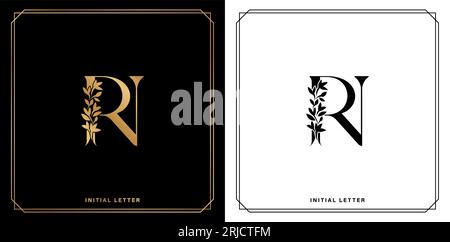 RN floral monogram letter Elegant luxury logo design in black white and gold color for advertisement material, collage print, ads campaign marketings Stock Vector