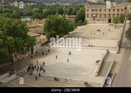 Aerial view of Place du Palais in Avignon in springtime. View of Avignon town square from the Palais des Papes Stock Photo