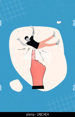 Vertical photo collage illustration of funky young guy miniature directing finger touching harassment bullying isolated on blue background Stock Photo