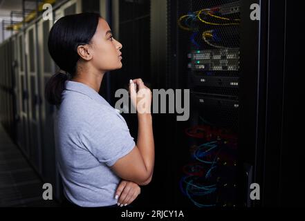 Server room, thinking or engineer for hardware or cybersecurity or machine in system at night. Problem solving, data center or woman fixing network Stock Photo