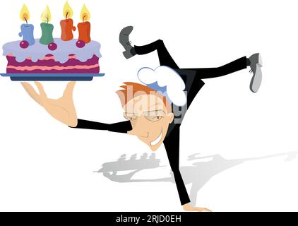 Smiling cook holding a cake with candles on the tray.  Cartoon cook stays head over heels and holds a tray with cake and candles. Isolated on white Stock Vector