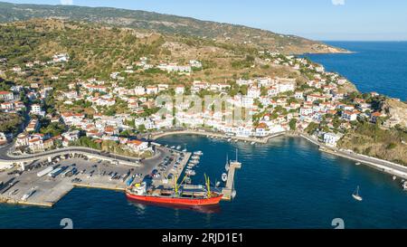 Aerial view of Evdilos town on Ikaria island, Greece Stock Photo