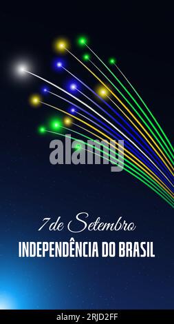 September 7, brazil independence day, brazilian colorful fireworks flag on blue night sky background. National holiday. Greeting card. Vector Stock Vector