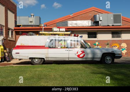 Malta, Illinois - United States - August 15th, 2023: Replica Ghostbuster's ambulance at restaurant in Malta, Illinois, USA. Stock Photo