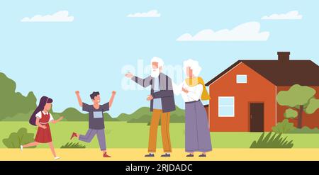 Children have come to visit their grandparents for summer vacation in village. Happy family, different ages relatives, grandpa and grandma Stock Vector
