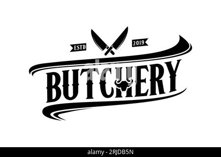 Vintage Retro Butcher shop label logo design with crossed cleavers Stock Vector