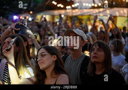 LVIV, UKRAINE - AUGUST 17, 2023 - Spectators watch the performances during the Champagne Nights Music Festival held in remembrance of Andriy Kuzmenko, the lead singer of the Ukrainian rock band Skryabin, on the 55th birthday anniversary of the musician. Ukrainian singer, poet, writer, TV presenter, producer and actor, Hero of Ukraine Andriy Kuzmenko, also known as Kuzma or Kuzma Skryabin, died in a car accident in Lozuvatka, Dnipropetrovsk Region, on February 2, 2015, aged 46.NO USE RUSSIA. NO USE BELARUS. (Photo by Ukrinform/NurPhoto) Stock Photo