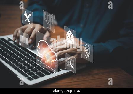 Digital technology concept, data management with large database capacity and high cyber security. Data storage. Networking and internet service inform Stock Photo