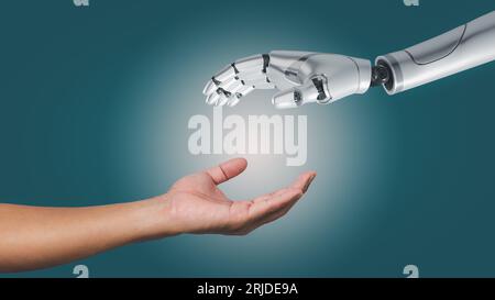 artificial intelligence AI hand robot white 3d rendering and hand people on background. Stock Photo
