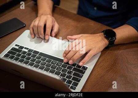 Male hand typing on computer, internet search and social media technology, job application search, freelance work and programmer concept. Stock Photo