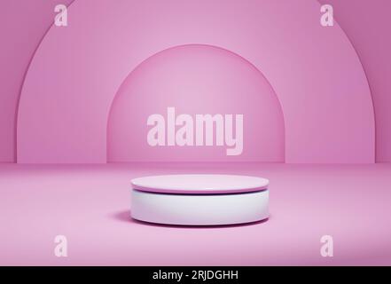 Cylindrical platform for a product showcase in pink tones. 3D rendering of a pedestal for a product presentation., Cylindrical platform for a product Stock Photo