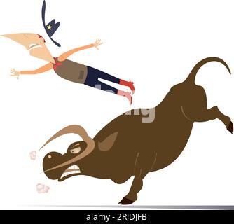 Rodeo. Farmer or cowboy and angry bull.  Farmer or cowboy falling from the angry bull. Isolated on white background Stock Vector