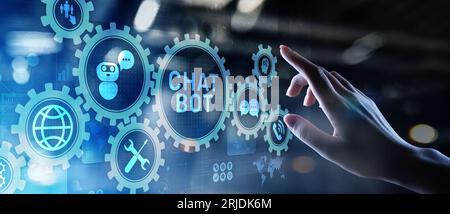 Chatbot computer program designed for conversation with human users over the Internet. Support and customer service automation technology concept. Stock Photo