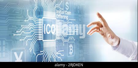 ICO - Initial coin offering, Fintech, Financial and cryptocurrency trading concept on virtual screen. Business and technology. Stock Photo