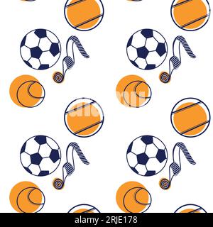 Seamless vector pattern. Sports balls: soccer balls, tennis balls, sports ribbons drawn on the tablet in dark blue and orange. Suitable for printing o Stock Vector
