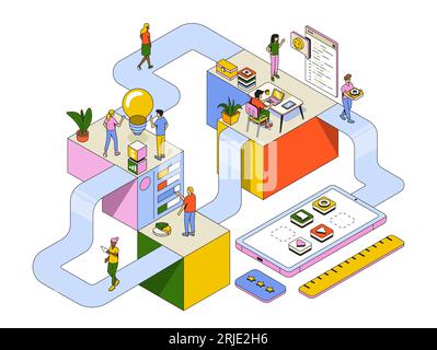 Isometric virtual office with business people working together on App Development. Business management, research, interview, design and programing. Ve Stock Vector