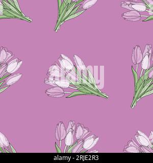 Hand drawn vector seamless pattern of isolated bouquet of pink tulips with leaves in doodle style Stock Vector
