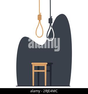 Concept of stalemate and deadlock, stool and knot for hanging. Loop deaf, scaffold node, Lynch loop, tightens noose. Mental illness, depression Stock Vector