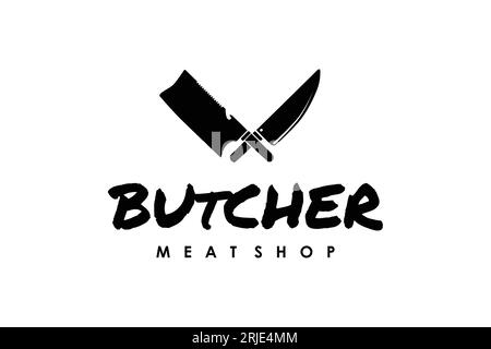 Butcher shop logo with crossed cleaver knife vector design Stock Vector