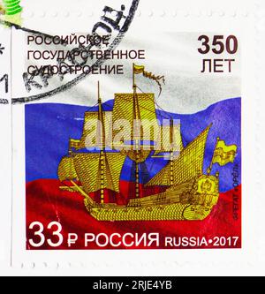 MOSCOW, RUSSIA - OCTOBER 30, 2022: Postage stamp printed in Russia shows 350th Anniversary of Russian State Shipbuilding, serie, circa 2017 Stock Photo