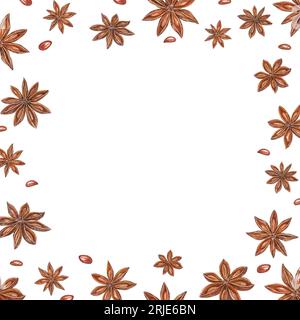 Watercolor square frame of star anise on white. Badian, Aniseed. Christmas and New Year hand drawn illustration of brown spices for greetings, cards, Stock Photo