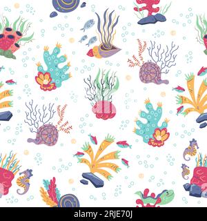 Seamless pattern with corals and seaweeds. Underwater inhabitants, fish and seahorse, doodle style drawing, Decor textile, wrapping paper, wallpaper Stock Vector