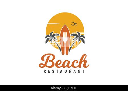 Surf Board, Fork , And Palm for Beach Restaurant Logo, Resort logo design Stock Vector