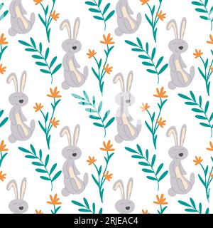 Cute bunnies in flowers and herbs seamless pattern. Baby background with hares and meadow grasses. Print with rabbits and wildflowers bloom Stock Vector