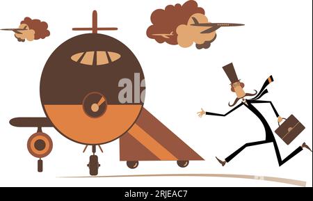 Cartoon man in the airport.  Scurrying long mustache gentleman in the top hat with suitcase trying does not miss the flight isolated on white Stock Vector