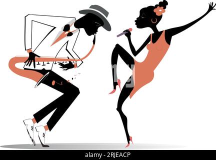 African man plays saxophone and African singer woman sings to microphone with great inspiration Stock Vector