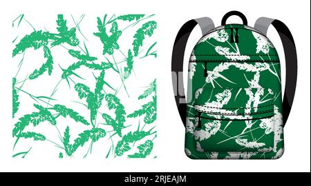 Children school backpack decorated cereal grass with panicle fluffy crown of meadow grass seamless pattern. Field grass floral ornate. Vector ornament Stock Vector