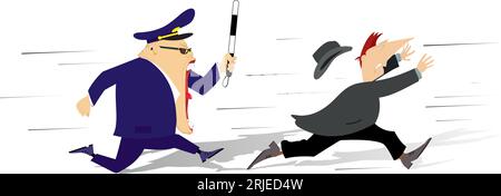 Angry police officer running after man.  Male police officer with handcuffs and baton trying to catch up a man Stock Vector