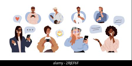 Men and women communicate using the phone, the concept of dating, long distance relationships, dependence on social networks. Set of flat cartoon illu Stock Vector