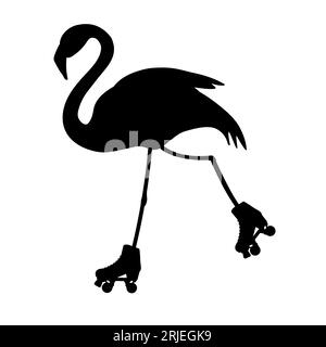 Vector flat hand drawn flamingo riding roller skates silhouette isolated on white background Stock Vector