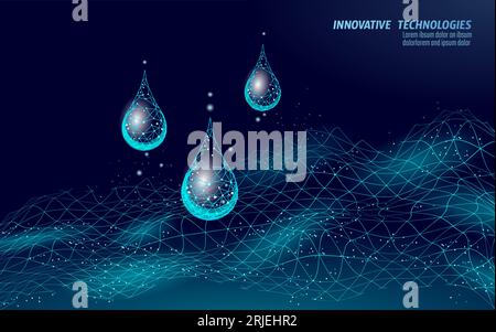 Low poly model waterproof fabric technology. Dark blue wire mesh futuristic digital water drop repellent textile properties vector illustration. Stock Vector