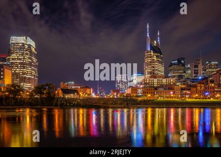 Colorful Nashville night time reflection Stock Photo