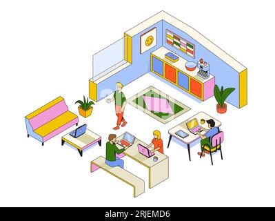 Trendy Isometric coworking center, room for relaxation and discussion, soft krasla pear, working environment for freelancers. Vector Illustration Stock Vector