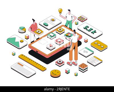 Modern isometric design illustration of App development. Teamwork concept. Can be used for website and mobile website or Landing page. Easy to edit an Stock Vector