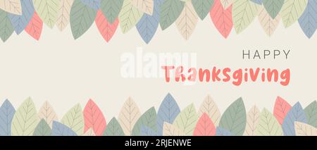 Happy Thanksgiving. Greeting card horizontal banner with pastel colors leaves. Vector illustration Stock Vector