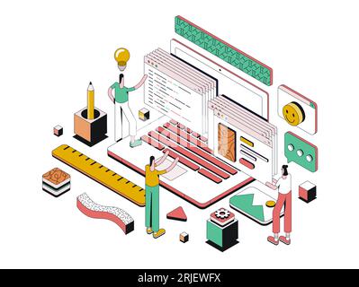 Modern isometric design illustration of Web Design. Teamwork concept. Can be used for website and mobile website or Landing page. Easy to edit and cus Stock Vector