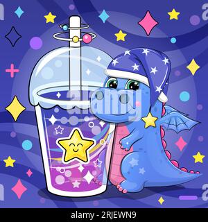 A cute cartoon dinosaur in a nightcap is holding a big drink. Night vector illustration of an animal on a dark blue background with stars. Stock Vector
