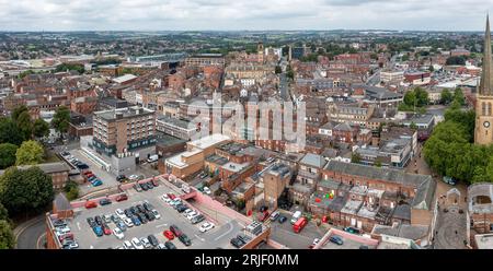 WAKEFIELD, UK - AUGUST 17, 2023.  An aerial panoramic view of a Wakefield cityscape skyline in the town centre of this North east England city Stock Photo