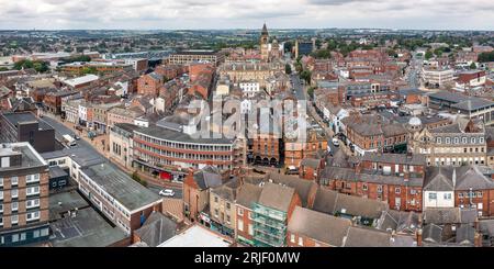 WAKEFIELD, UK - AUGUST 17, 2023.  An aerial panoramic view of a Wakefield cityscape skyline in the town centre of this North east England city Stock Photo