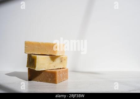 Stack of handmade soap with a white background. Stock Photo