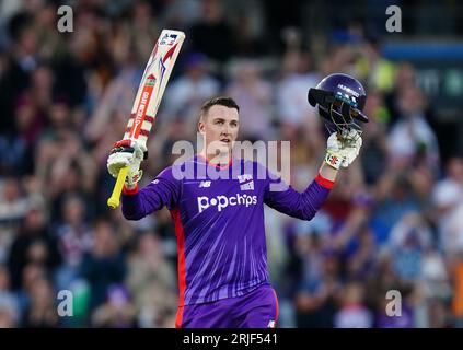 Northern Superchargers' Harry Brook celebrates his century during The Hundred match at Headingley, Leeds. Picture date: Tuesday August 22, 2023. Stock Photo